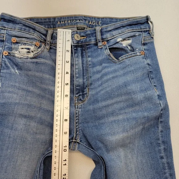 American Eagle Jeans Womens 4 Super High Rise Flare Raw Hem Stretch Ripped Denim - Picture 8 of 11